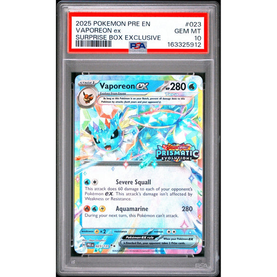 2025 POKEMON PRE EN-PRISMATIC EVOLUTIONS #023 VAPOREON ex SURPRISE BOX EXCLUSIVE PSA 10
